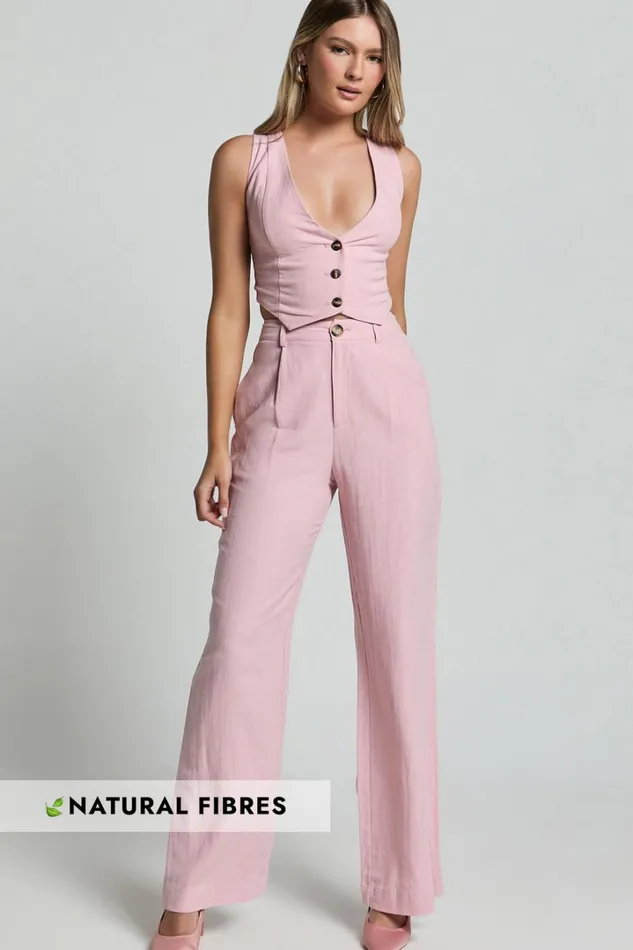 Bree Pants 8211 Linen Look Mid Rise Relaxed Straight Leg Tailored Trousers In Light Pink Women Showpo Conscious