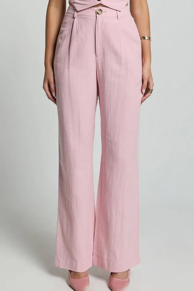 Bree Pants 8211 Linen Look Mid Rise Relaxed Straight Leg Tailored Trousers In Light Pink Women Showpo Conscious