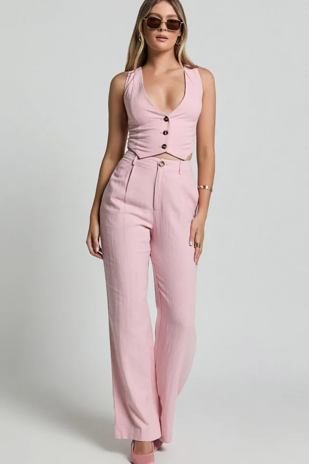 Bree Pants 8211 Linen Look Mid Rise Relaxed Straight Leg Tailored Trousers In Light Pink Women Showpo Conscious