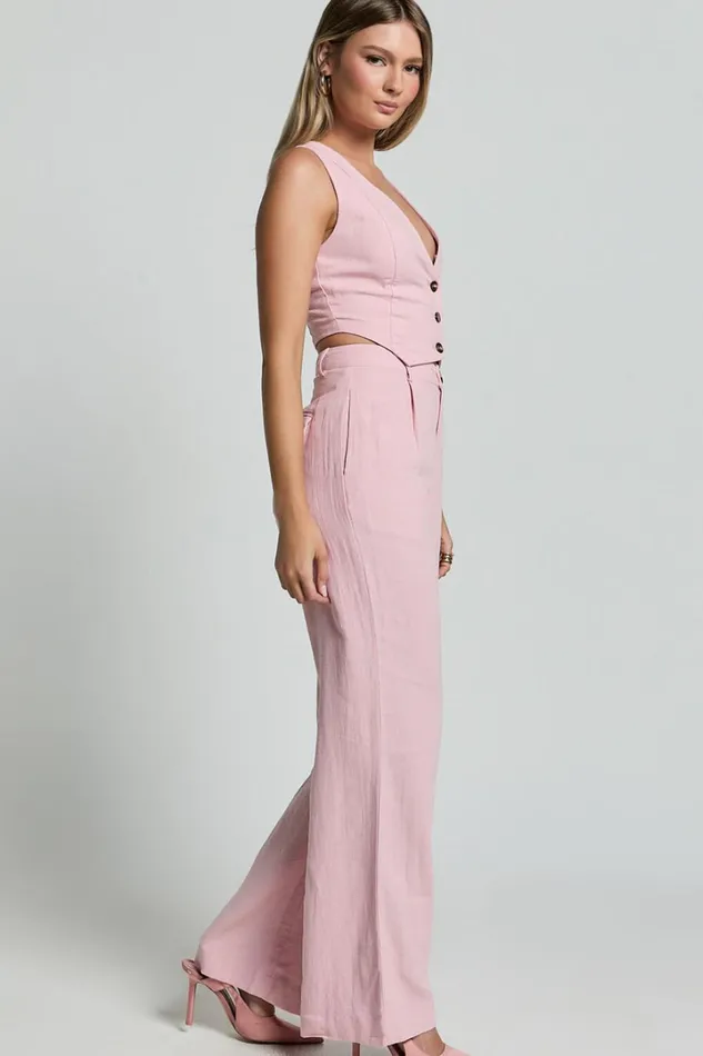 Bree Pants 8211 Linen Look Mid Rise Relaxed Straight Leg Tailored Trousers In Light Pink Women Showpo Conscious