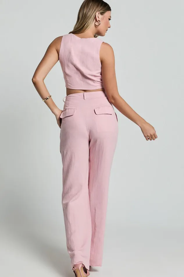 Bree Pants 8211 Linen Look Mid Rise Relaxed Straight Leg Tailored Trousers In Light Pink Women Showpo Conscious