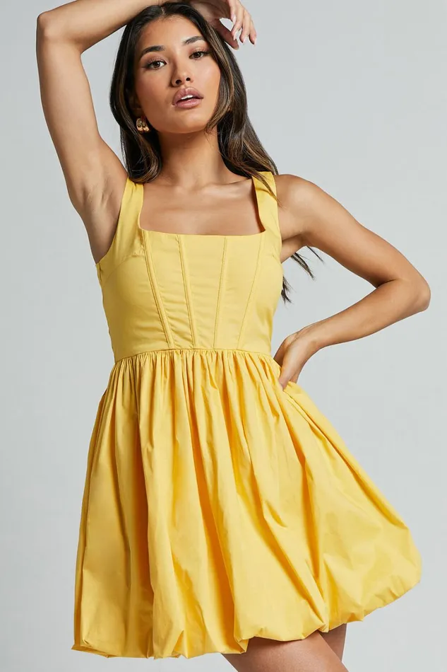 Brianda Mini Dress 8211 Corset Bodice Bubble Hem Dress In Yellow Women Showpo Dresses