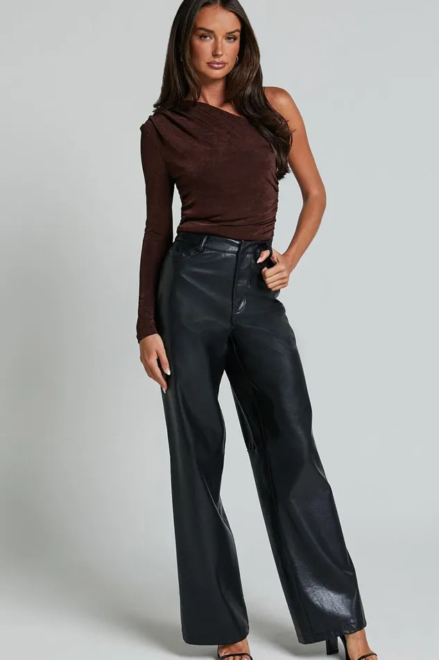 Bridgette Top 8211 One Shoulder Long Sleeve Ruched Top In Chocolate Women Showpo Tops