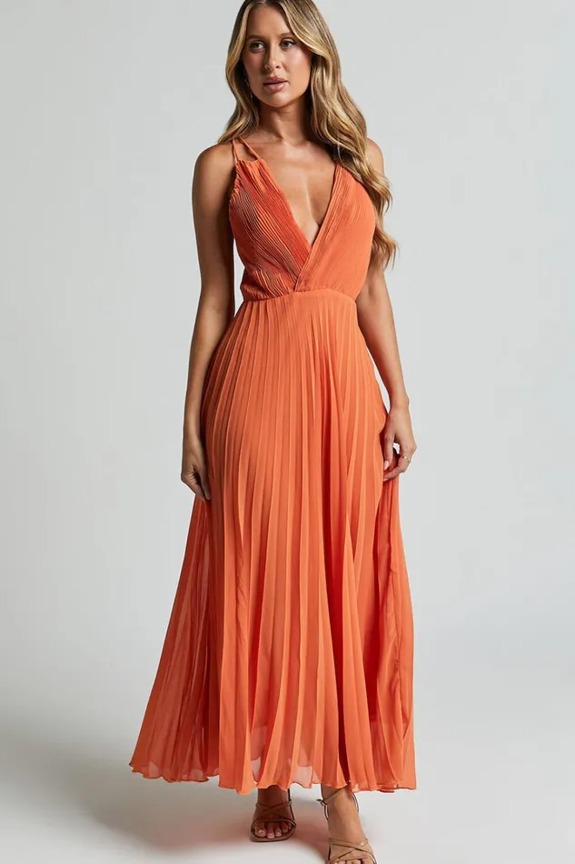 Brylee Midi Dress 8211 Satin Pleated Wrap Dress In Orange Women Showpo Dresses