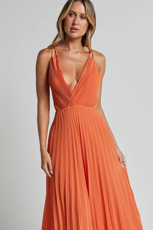 Brylee Midi Dress 8211 Satin Pleated Wrap Dress In Orange Women Showpo Dresses