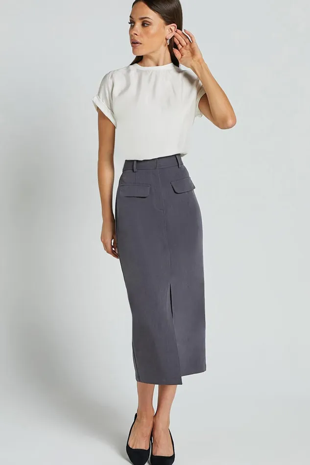 Brylee Midi Skirt 8211 High Waisted Front Split Skirt In Charcoal Women Showpo Curve Clothes Brylee Midi Skirt 8211 High Waisted Front Split Skirt In Charcoal Women Showpo Curve Clothes