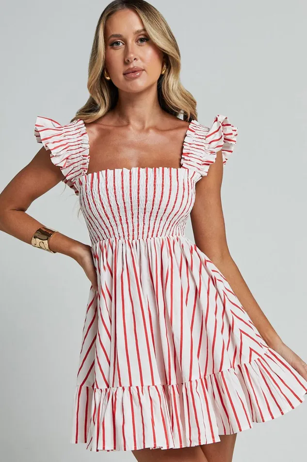 Brynlee Mini Dress 8211 Elastic Chest Flutter Sleeve Hem Dress In Red Stripe Women Showpo Dresses Brynlee Mini Dress 8211 Elastic Chest Flutter Sleeve Hem Dress In Red Stripe Women Showpo Dresses