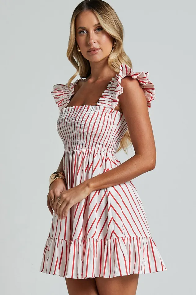 Brynlee Mini Dress 8211 Elastic Chest Flutter Sleeve Hem Dress In Red Stripe Women Showpo Dresses