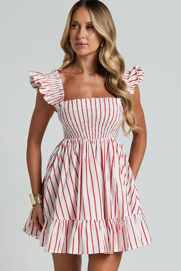 Brynlee Mini Dress 8211 Elastic Chest Flutter Sleeve Hem Dress In Red Stripe Women Showpo Dresses