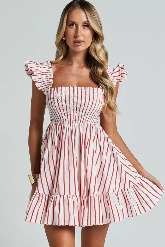 Brynlee Mini Dress 8211 Elastic Chest Flutter Sleeve Hem Dress In Red Stripe Women Showpo Dresses