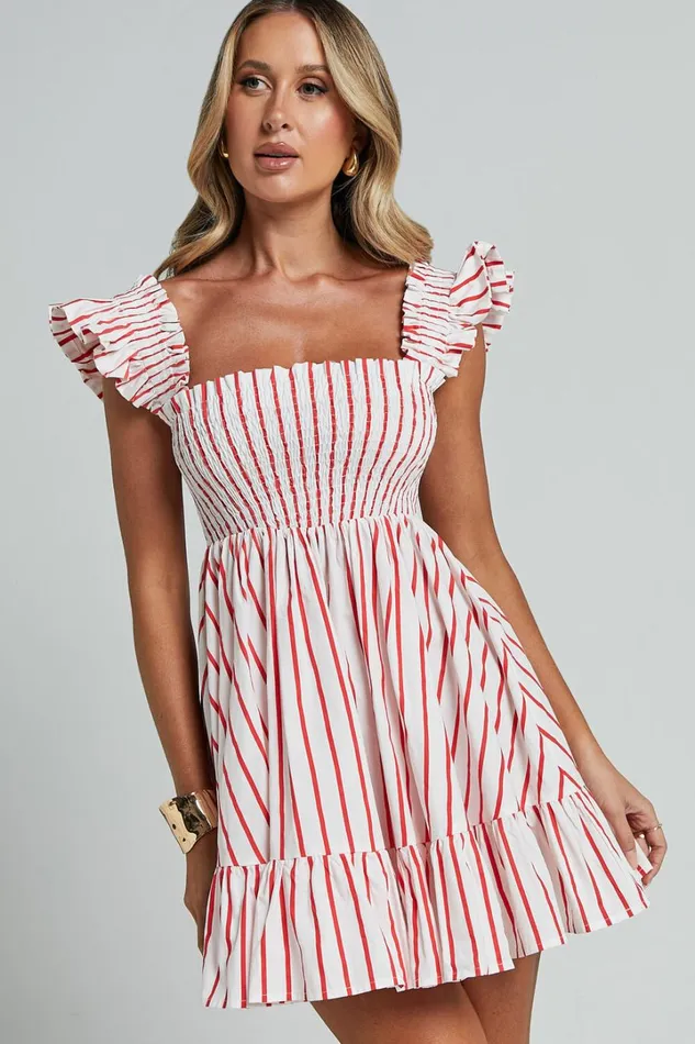 Brynlee Mini Dress 8211 Elastic Chest Flutter Sleeve Hem Dress In Red Stripe Women Showpo Dresses