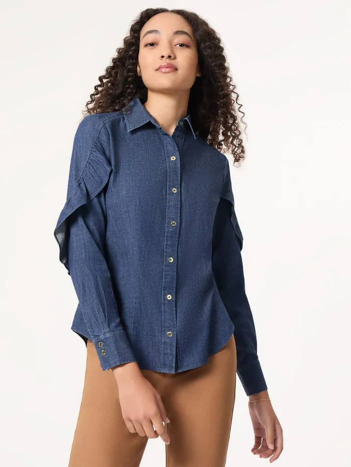ButtonFront Ruffle Sleeve Denim Shirt Women Jones New York Sale