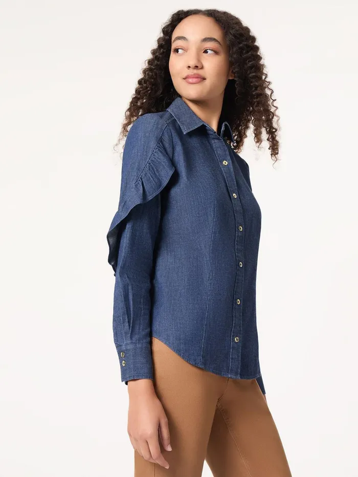 ButtonFront Ruffle Sleeve Denim Shirt Women Jones New York Sale ButtonFront Ruffle Sleeve Denim Shirt Women Jones New York Sale