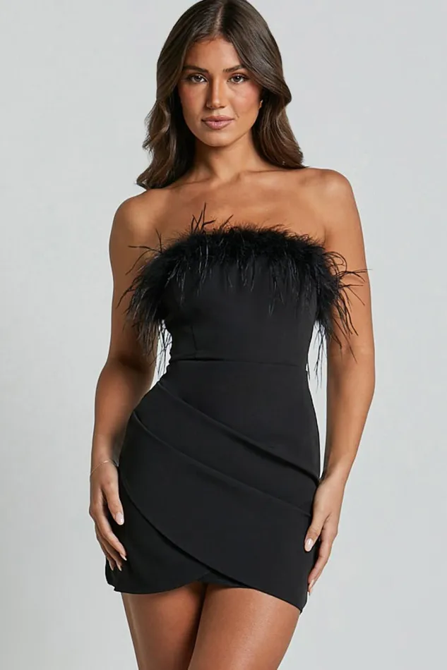 Callie Mini Dress 8211 Strapless With Feather Trim Wrap Dress In Black Women Showpo Dresses Callie Mini Dress 8211 Strapless With Feather Trim Wrap Dress In Black Women Showpo Dresses