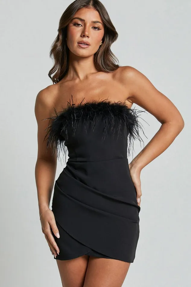 Callie Mini Dress 8211 Strapless With Feather Trim Wrap Dress In Black Women Showpo Dresses