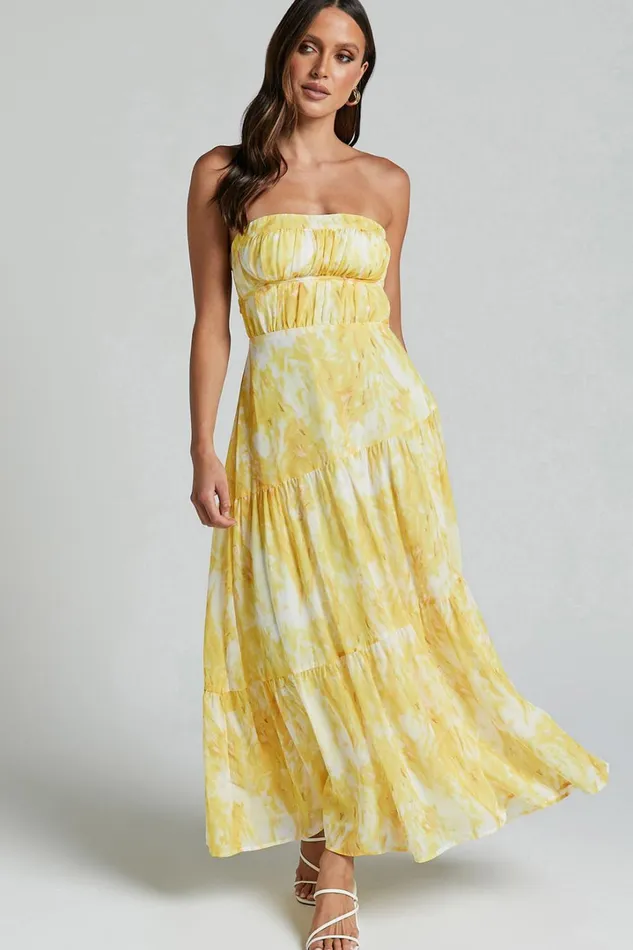 Cardelyn Midi Dress 8211 Strapless Tiered Dress In Yellow Floral Women Showpo Dresses