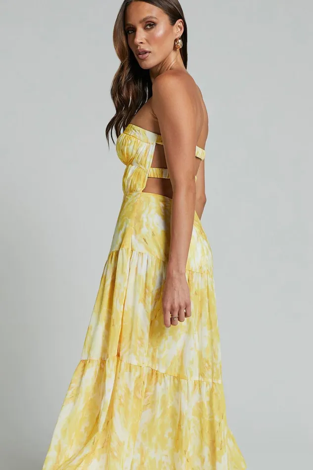 Cardelyn Midi Dress 8211 Strapless Tiered Dress In Yellow Floral Women Showpo Dresses
