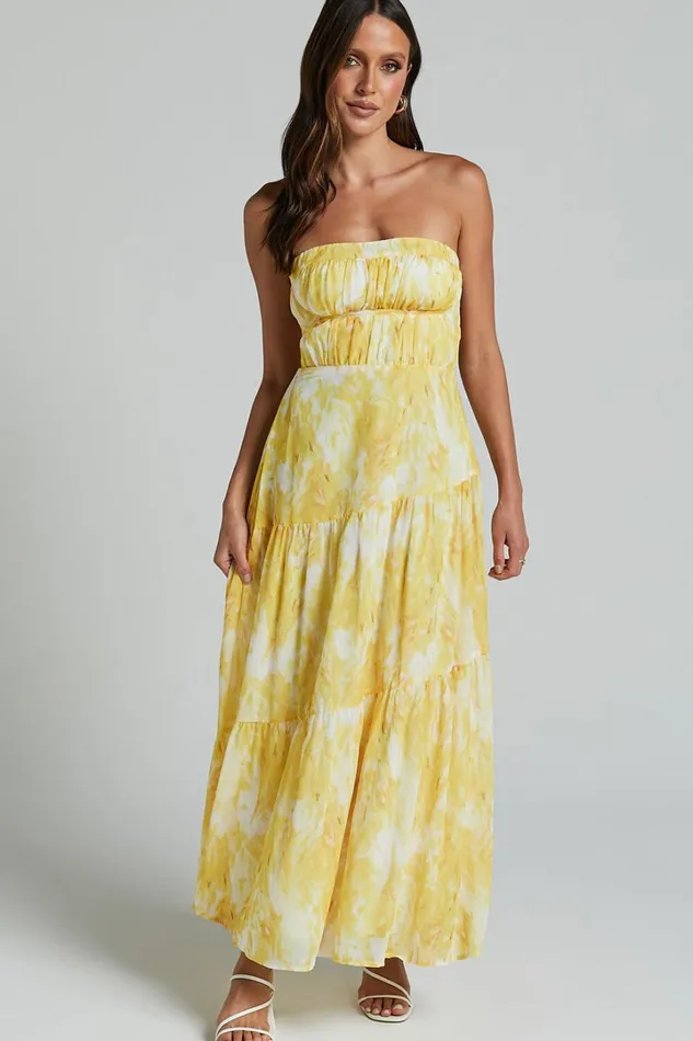 Cardelyn Midi Dress 8211 Strapless Tiered Dress In Yellow Floral Women Showpo Dresses
