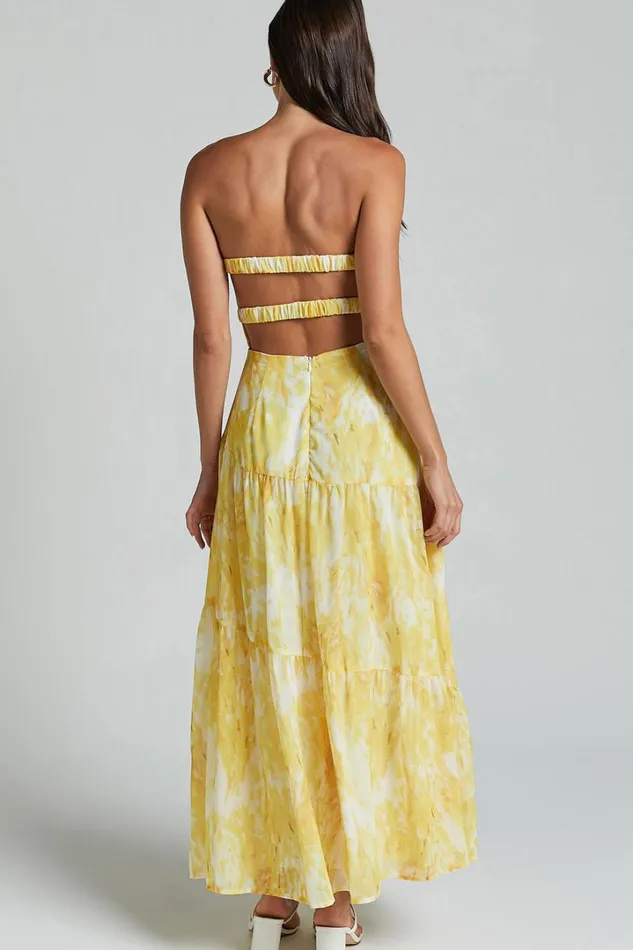 Cardelyn Midi Dress 8211 Strapless Tiered Dress In Yellow Floral Women Showpo Dresses