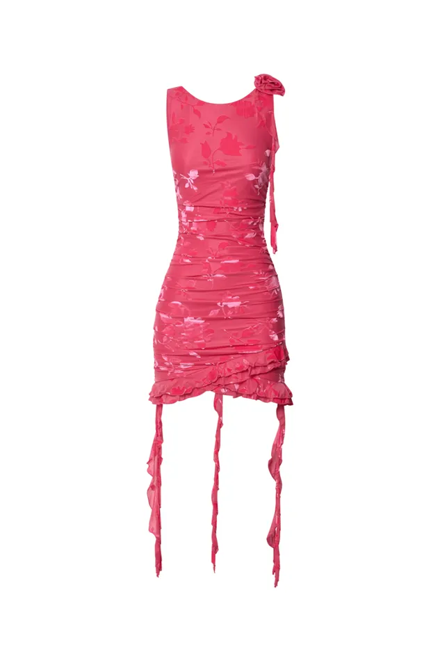 Cardi Mini Dress 8211 Rosette Detail Devore Ruffle Hem Mini Dress In Pink Burnout Women Showpo Dresses