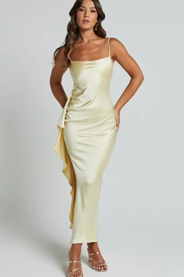 Carolina Maxi Dress 8211 Frill Detail Satin Square Neck Dress In Lemon Women Showpo Dresses Carolina Maxi Dress 8211 Frill Detail Satin Square Neck Dress In Lemon Women Showpo Dresses