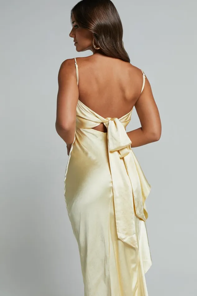 Carolina Maxi Dress 8211 Frill Detail Satin Square Neck Dress In Lemon Women Showpo Dresses