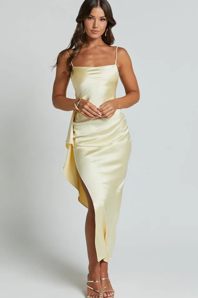 Carolina Maxi Dress 8211 Frill Detail Satin Square Neck Dress In Lemon Women Showpo Dresses
