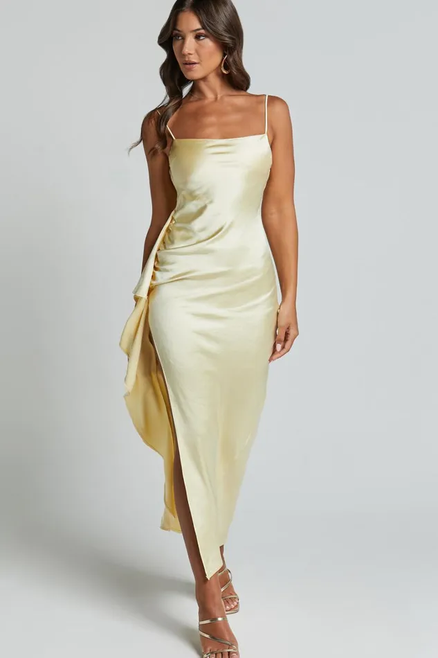 Carolina Maxi Dress 8211 Frill Detail Satin Square Neck Dress In Lemon Women Showpo Dresses