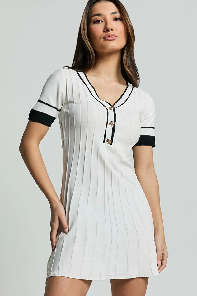 Cassandra Mini Dress 8211 Knit Contrast Mini Dress In IvoryBlack Women Showpo Dresses