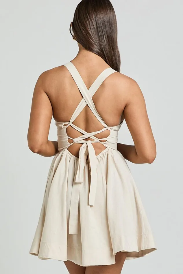 Cathryn Mini Dress 8211 Cross Back Bustier Linen Blend Dress In Stone Women Showpo Conscious