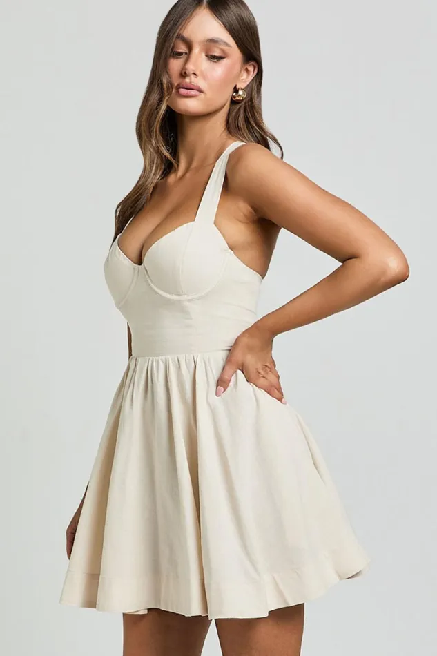 Cathryn Mini Dress 8211 Cross Back Bustier Linen Blend Dress In Stone Women Showpo Conscious