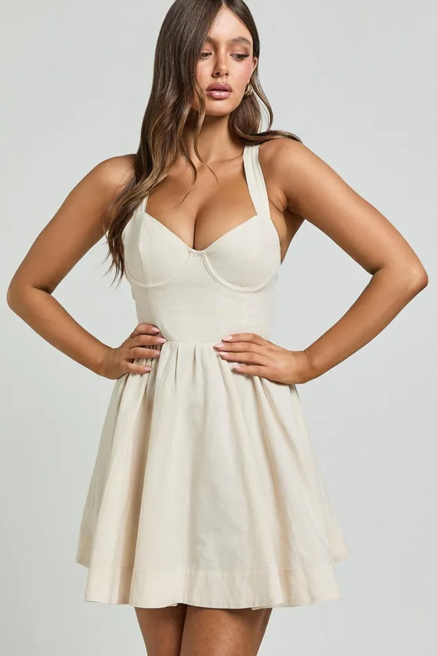 Cathryn Mini Dress 8211 Cross Back Bustier Linen Blend Dress In Stone Women Showpo Conscious
