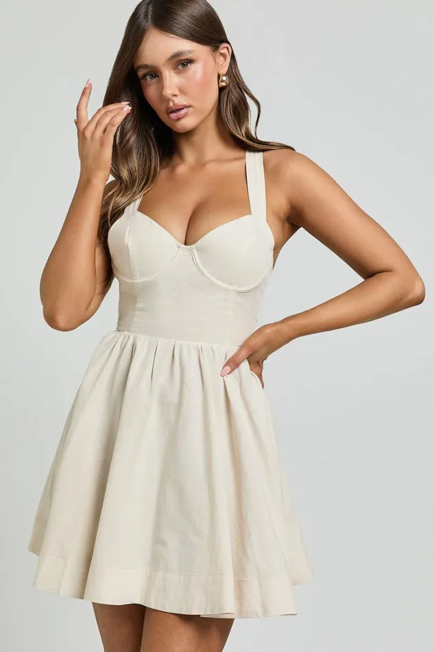 Cathryn Mini Dress 8211 Cross Back Bustier Linen Blend Dress In Stone Women Showpo Conscious