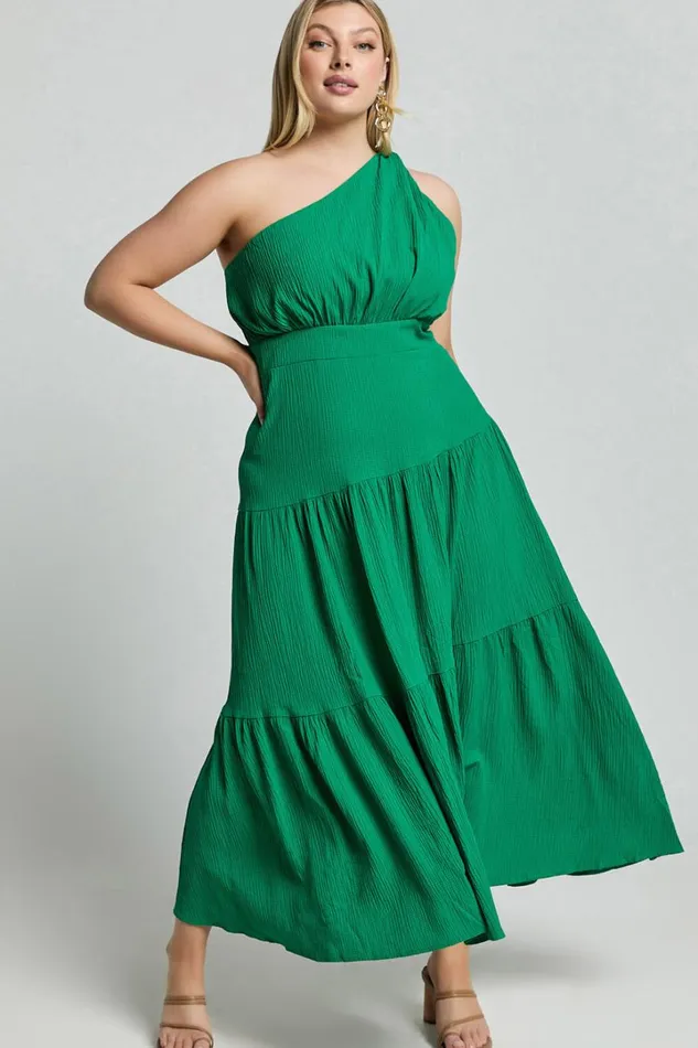 Celestia Midi Dress 8211 Tiered One Shoulder Dress In Green Women Showpo Curve Clothes