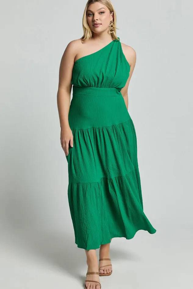 Celestia Midi Dress 8211 Tiered One Shoulder Dress In Green Women Showpo Curve Clothes
