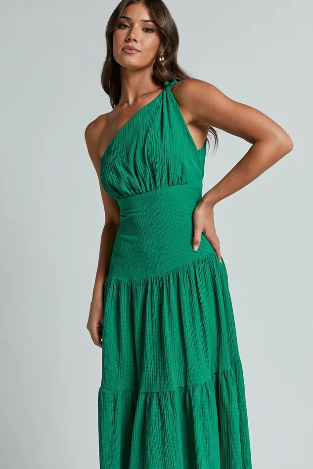 Celestia Midi Dress 8211 Tiered One Shoulder Dress In Green Women Showpo Curve Clothes
