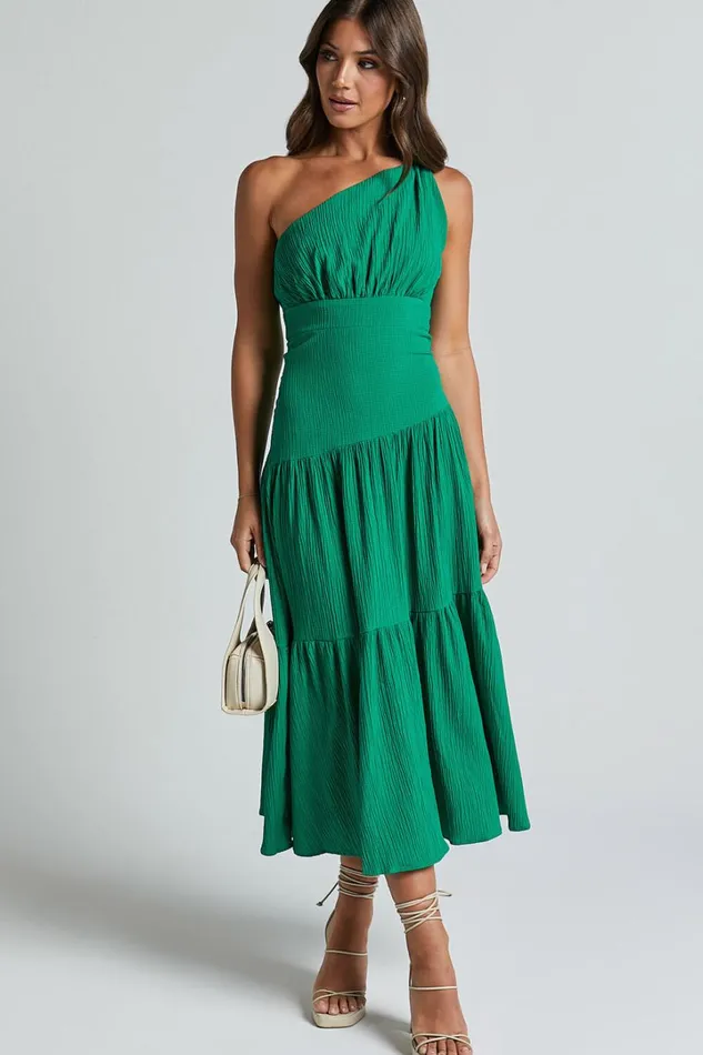 Celestia Midi Dress 8211 Tiered One Shoulder Dress In Green Women Showpo Curve Clothes