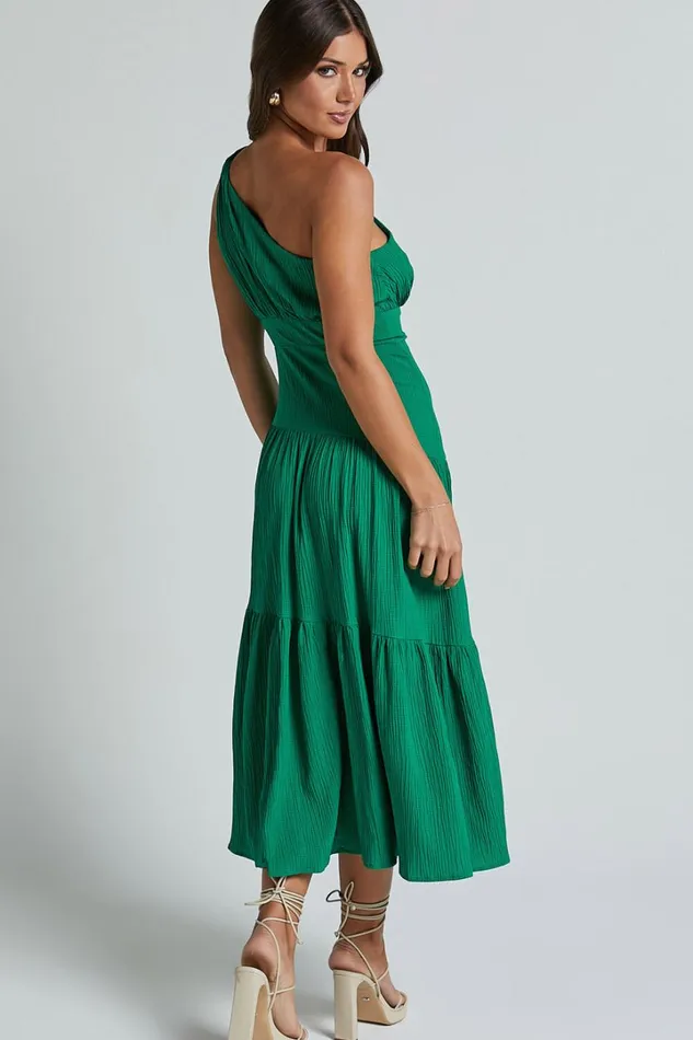 Celestia Midi Dress 8211 Tiered One Shoulder Dress In Green Women Showpo Curve Clothes