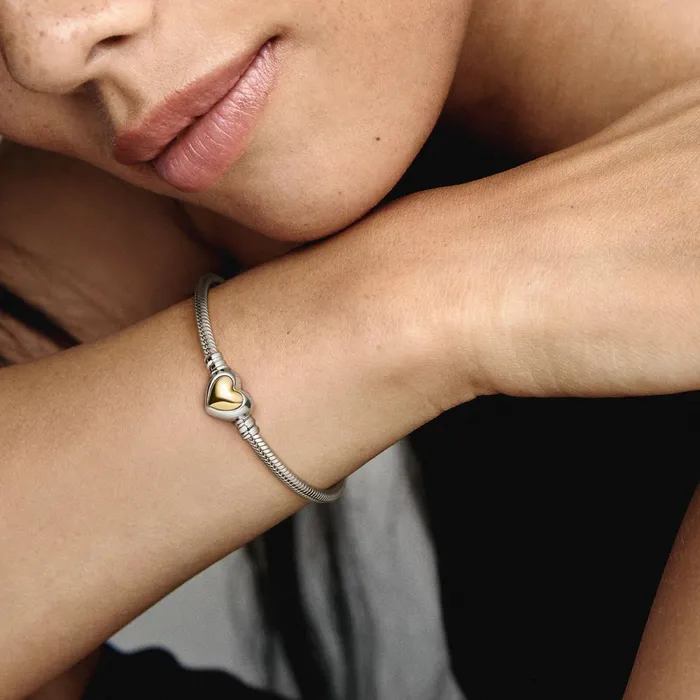 Chains Women Pandora Domed Golden Heart Clasp Snake Chain Bracelet