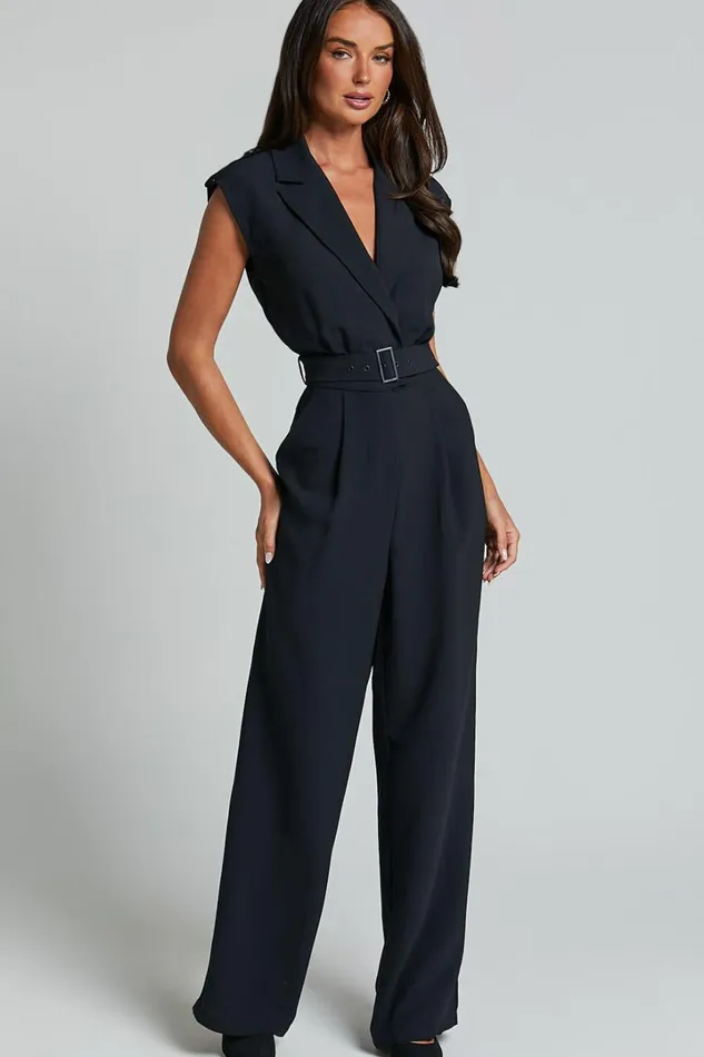 Chante Jumpsuit 8211 V Neck Belted Wide Leg Jumpsuit In Black Women Showpo Jumpsuits