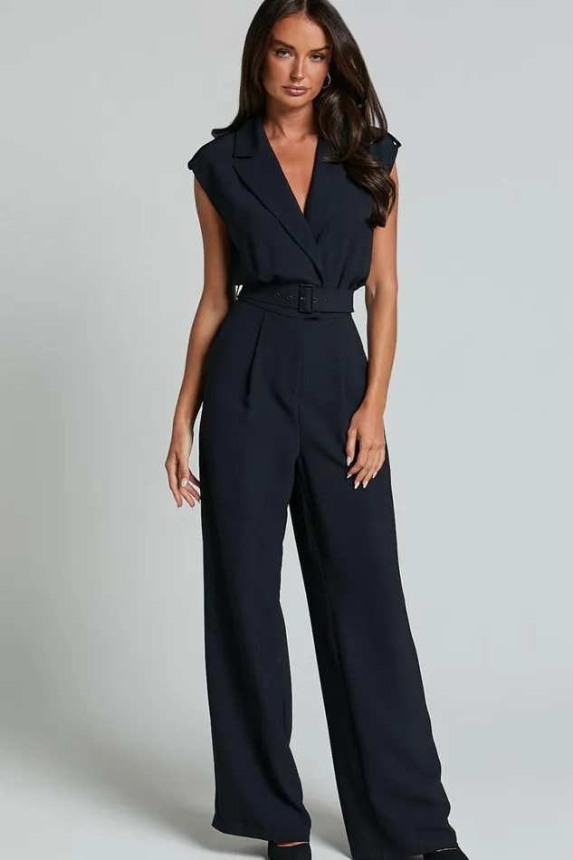 Chante Jumpsuit 8211 V Neck Belted Wide Leg Jumpsuit In Black Women Showpo Jumpsuits