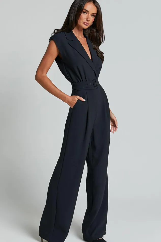 Chante Jumpsuit 8211 V Neck Belted Wide Leg Jumpsuit In Black Women Showpo Jumpsuits