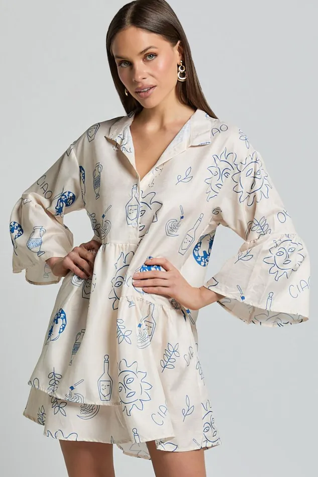 Charlene Mini Dress 8211 V Neck 34 Sleeve Shift Mini Dress In Blue Print Women Showpo Dresses Charlene Mini Dress 8211 V Neck 34 Sleeve Shift Mini Dress In Blue Print Women Showpo Dresses