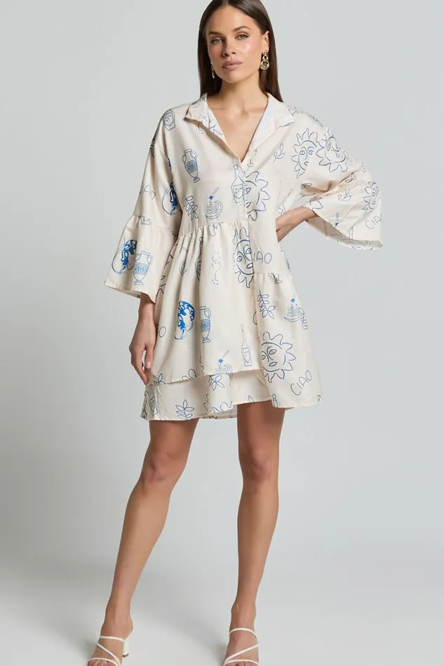 Charlene Mini Dress 8211 V Neck 34 Sleeve Shift Mini Dress In Blue Print Women Showpo Dresses