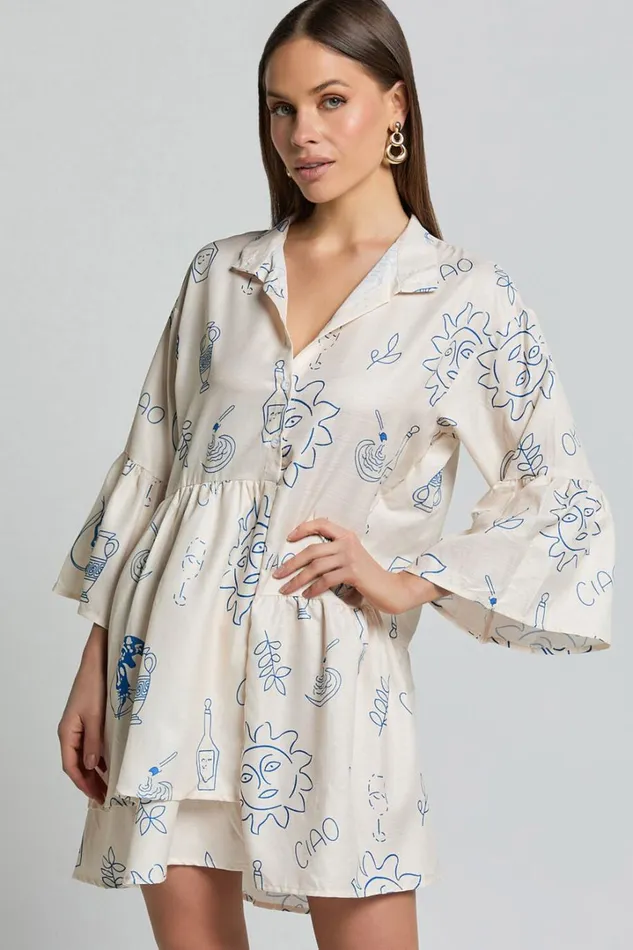 Charlene Mini Dress 8211 V Neck 34 Sleeve Shift Mini Dress In Blue Print Women Showpo Dresses