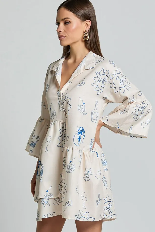 Charlene Mini Dress 8211 V Neck 34 Sleeve Shift Mini Dress In Blue Print Women Showpo Dresses