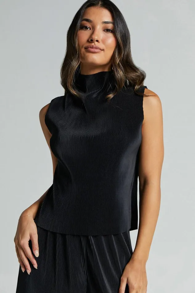 Charlia Top 8211 Plisse High Neck Sleeveless Top In Black Women Showpo Tops