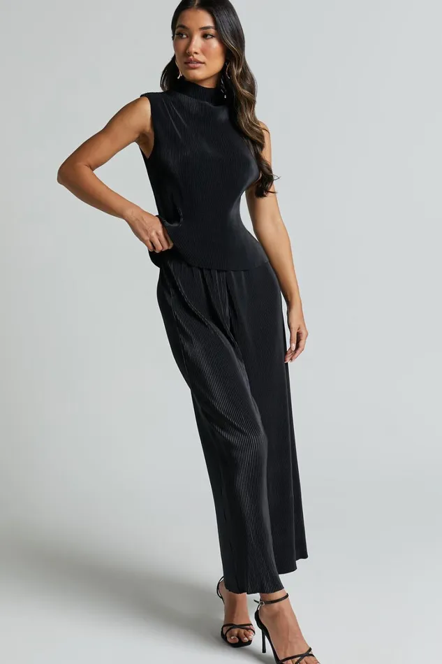 Charlia Top 8211 Plisse High Neck Sleeveless Top In Black Women Showpo Tops
