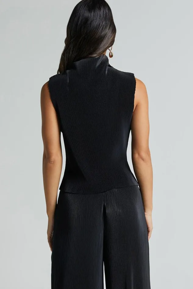 Charlia Top 8211 Plisse High Neck Sleeveless Top In Black Women Showpo Tops