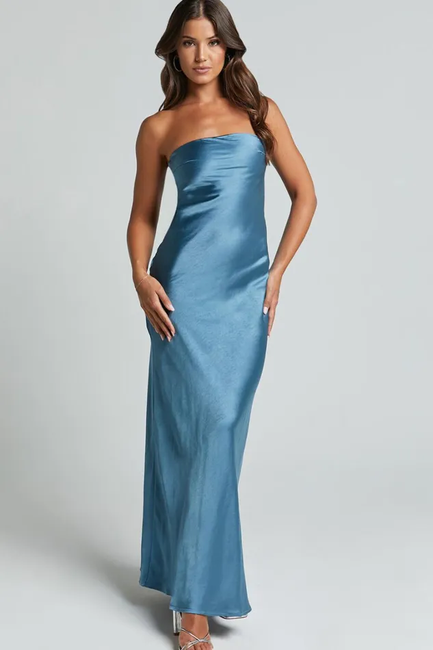Charlita Maxi Dress 8211 Strapless Cowl Back Satin Dress In Steel Blue Women Showpo Dresses